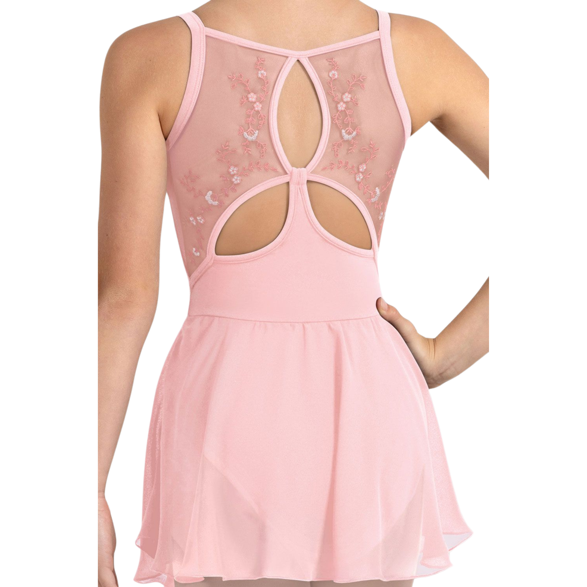 Bloch CL4217 Embroidered Poppy Skirted Camisole Leotard Candy Pink Back Close Up