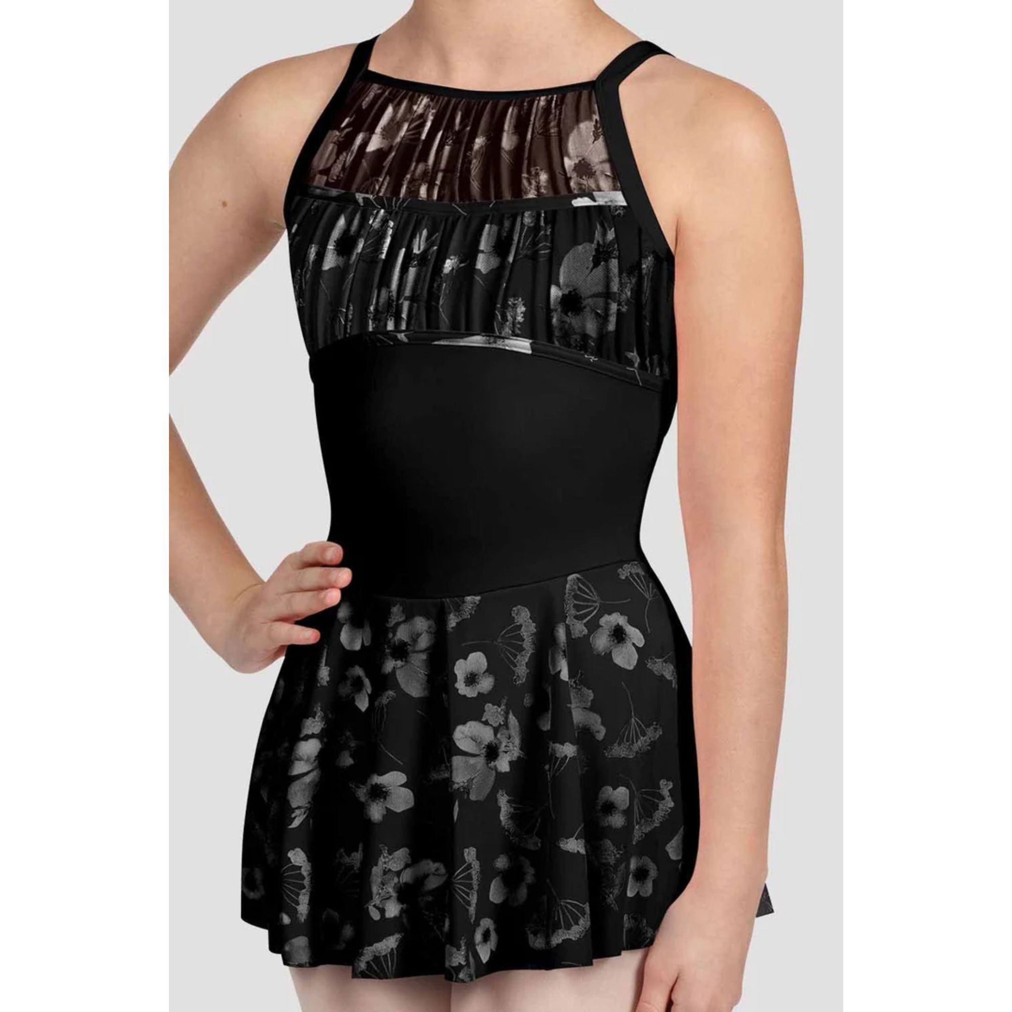 Bloch CL5257 Girls High Neck Skirted Leotard Black Close Up