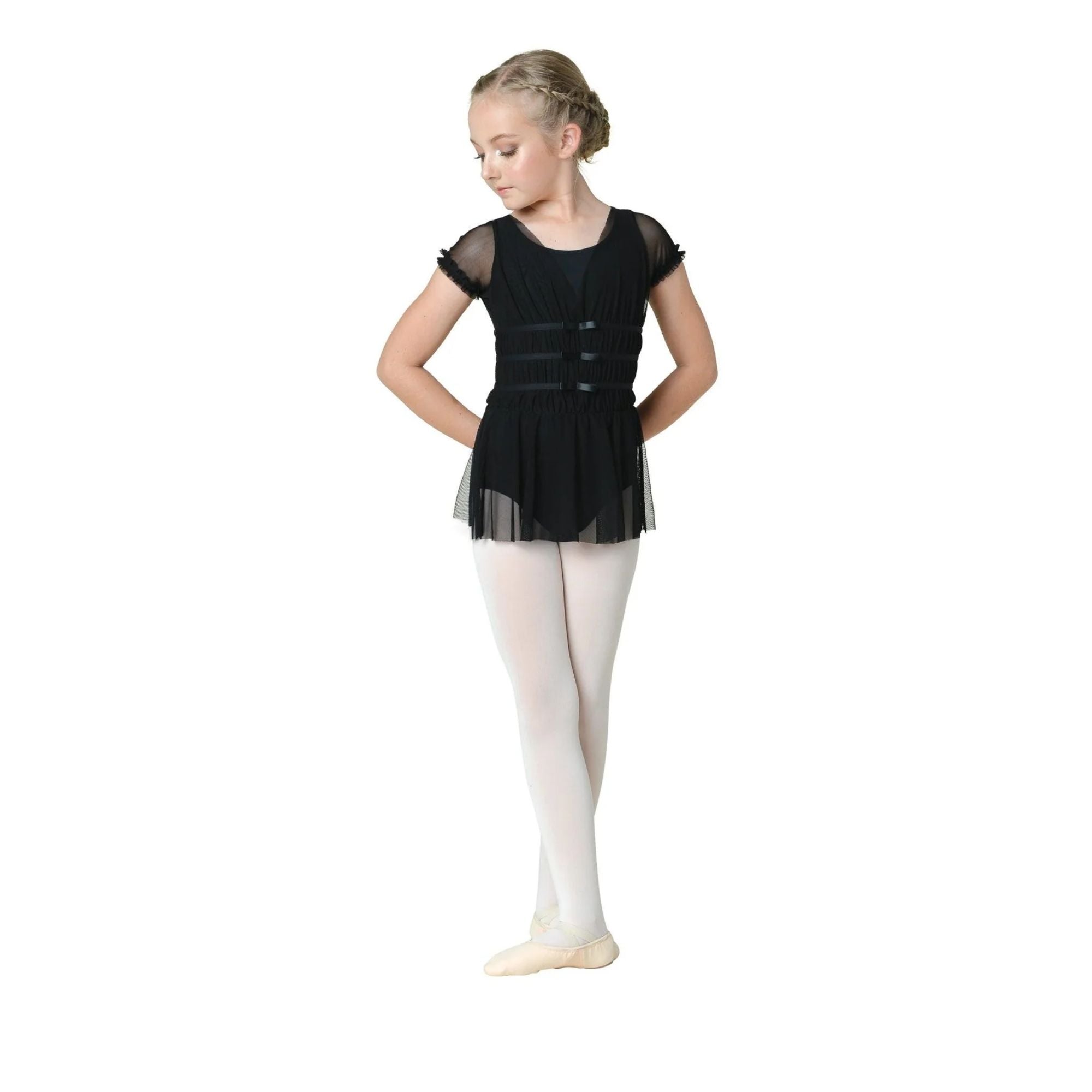 22204C Willow Ruffle Skirted Leotard w/sheer Overlay Black Front