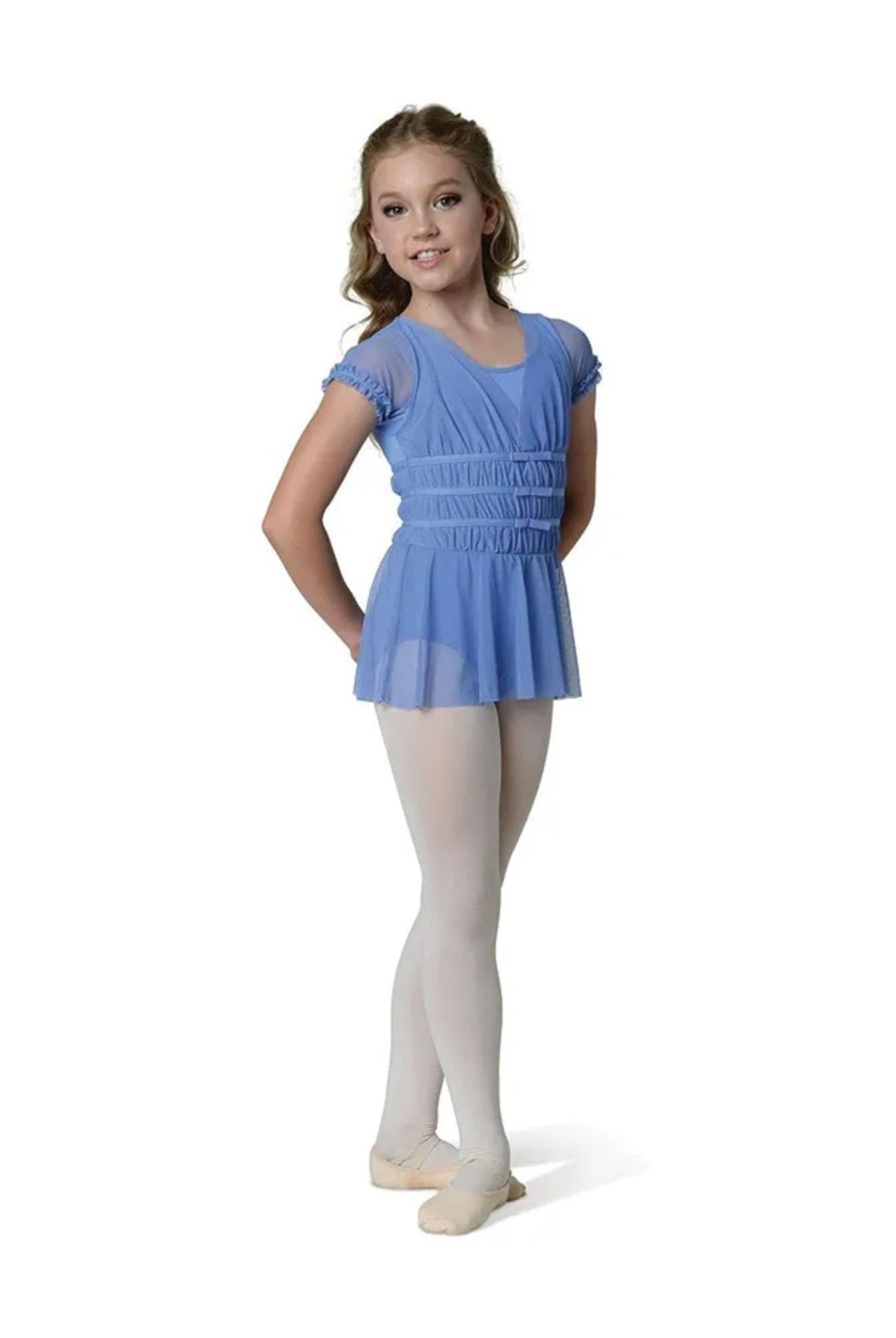 22204C Willow Ruffle Skirted Leotard w/sheer Overlay Periwinkle Front