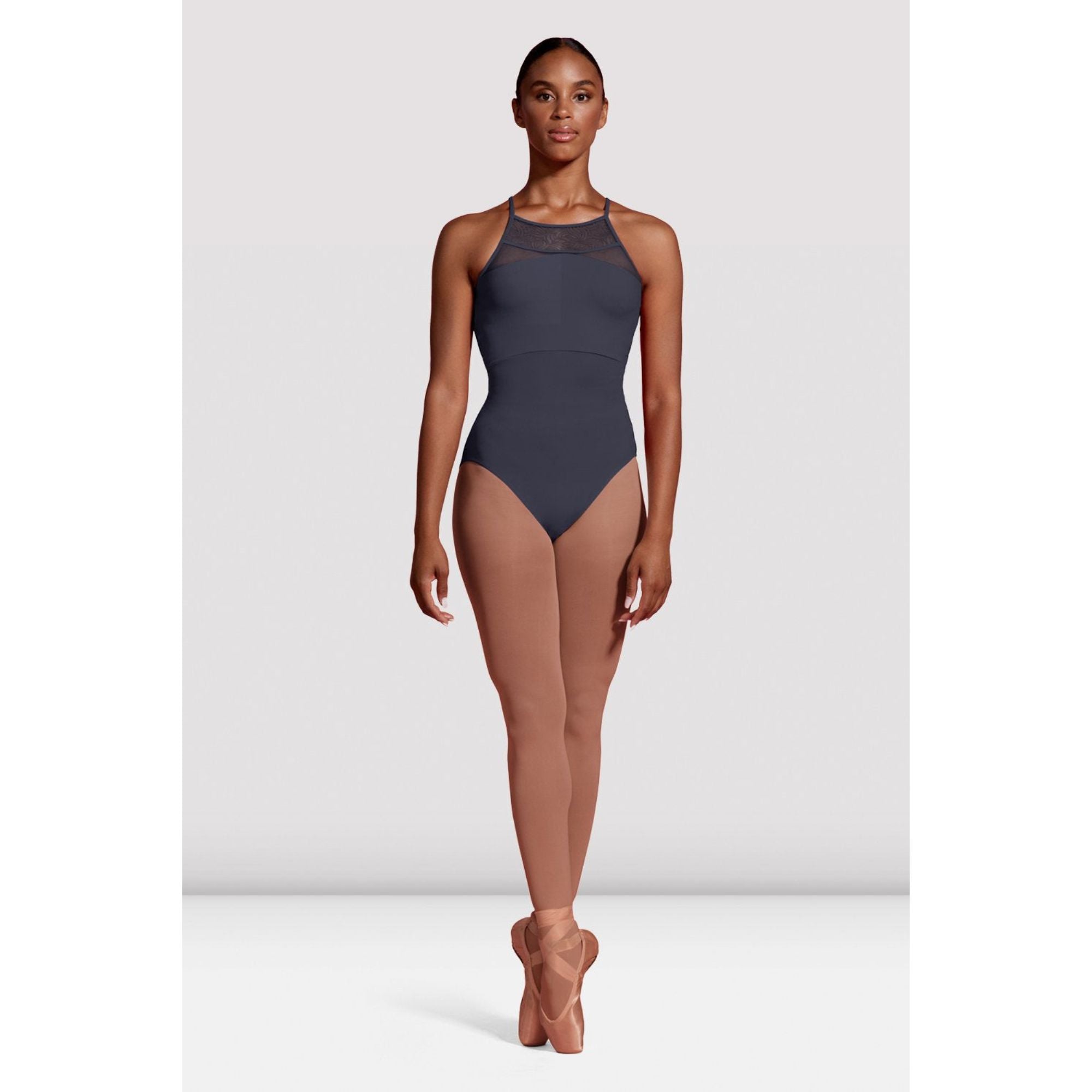 Mirella M2179LM Spliced Lace Halter Neck Leotard Pewter Front